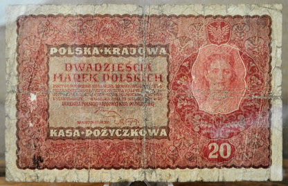 1919 Poland 20 Marek Large Size Banknote - Third Issue - Queen Jadwiga Note - Very Circulated - 1919 Polish Twenty Marek Note - P#26