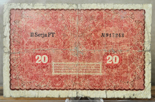 1919 Poland 20 Marek Large Size Banknote - Third Issue - Queen Jadwiga Note - Very Circulated - 1919 Polish Twenty Marek Note - P#26