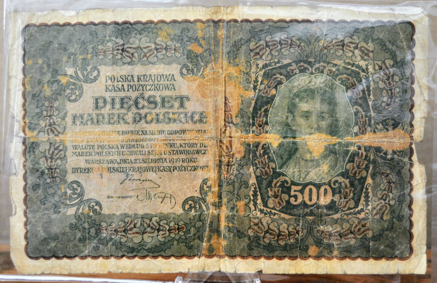 1919 Poland 500 Marek Large Size Banknote - Third Issue - AA Series, 1 Suffix Letter - 1919 Polish Five Hundred Marek Note - P#28c