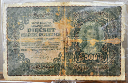 1919 Poland 500 Marek Large Size Banknote - Third Issue - AA Series, 1 Suffix Letter - 1919 Polish Five Hundred Marek Note - P#28c