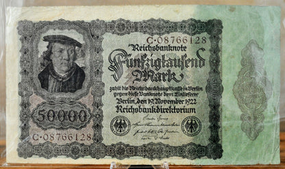 1922 Germany 50,000 Mark Banknote - Reichsbanknote - Very Fine (VF) - Post-WWI German Inflation - 1922 Fifty Thousand Mark Note - P#80