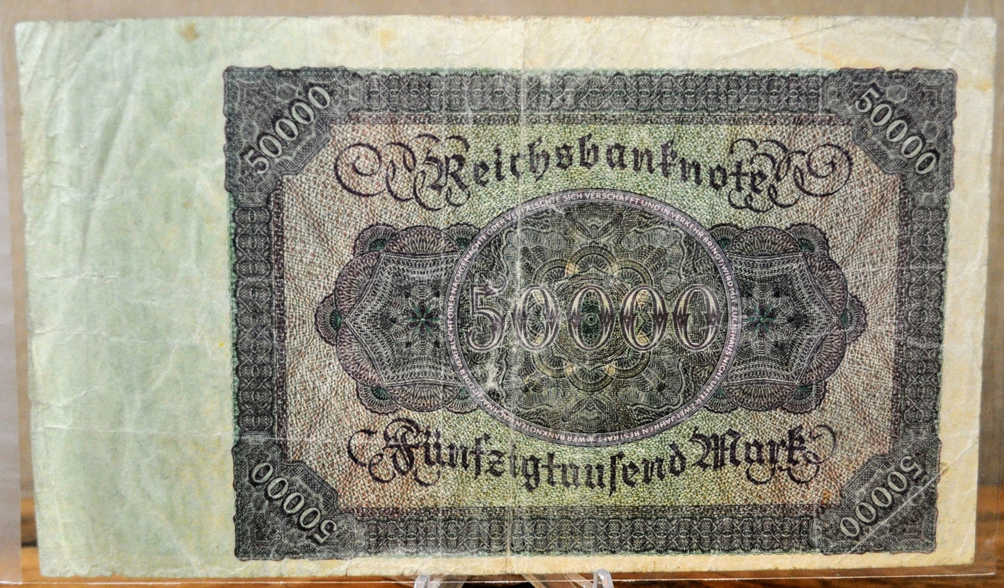 1922 Germany 50,000 Mark Banknote - Reichsbanknote - Very Fine (VF) - Post-WWI German Inflation - 1922 Fifty Thousand Mark Note - P#80