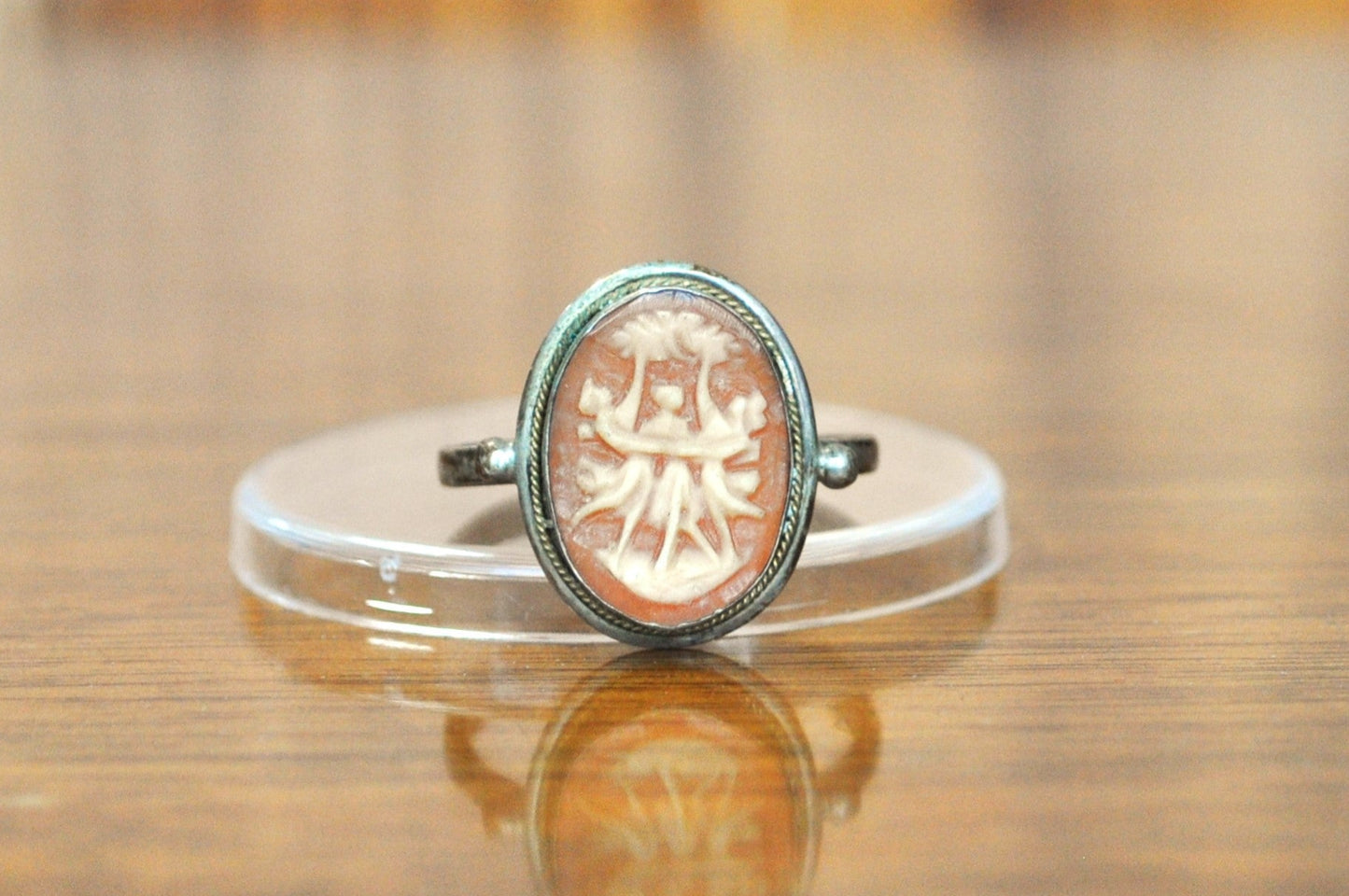 Authentic 800 Silver Shell Cameo Graces Ring - Size 7 - Greek Mythology Ring - Vintage Victorian Cameo Three Graces Motif Ring