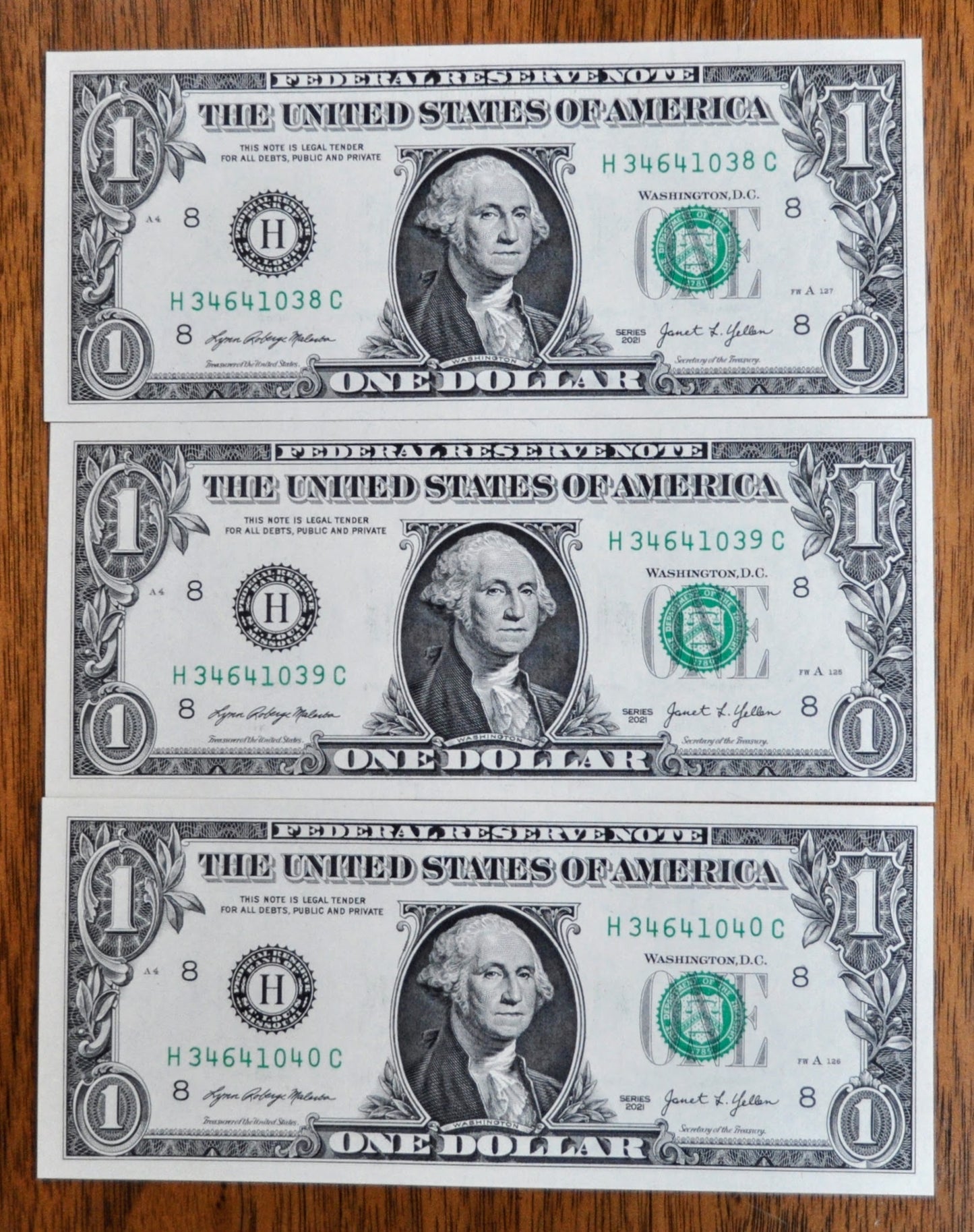 Set of 3 2021 1 Dollar Consecutive Federal Reserve Notes - St. Louis (H) Issue - 2021 One Dollar Sequential Serial Trio Notes - Fr.3007-H