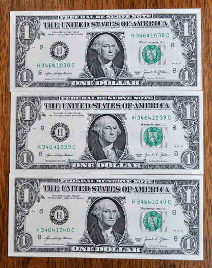 Set of 3 2021 1 Dollar Consecutive Federal Reserve Notes - St. Louis (H) Issue - 2021 One Dollar Sequential Serial Trio Notes - Fr.3007-H