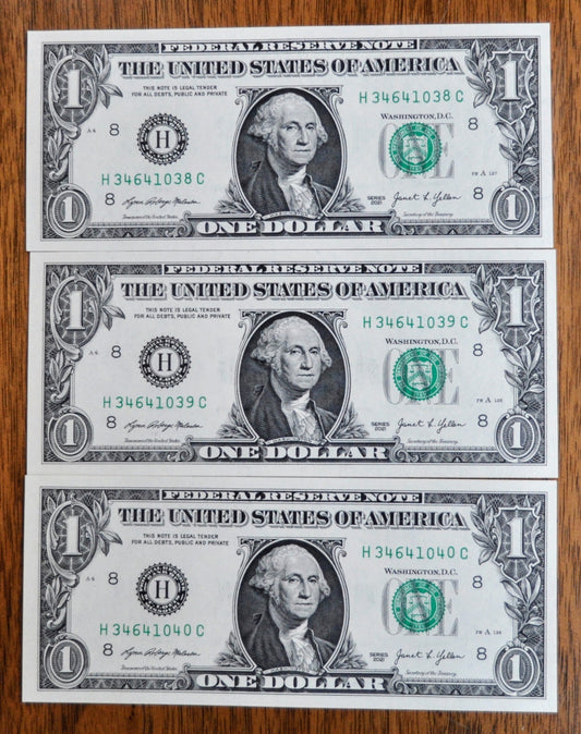 Set of 3 2021 1 Dollar Consecutive Federal Reserve Notes - St. Louis (H) Issue - 2021 One Dollar Sequential Serial Trio Notes - Fr.3007-H