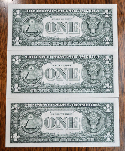 Set of 3 2021 1 Dollar Consecutive Federal Reserve Notes - St. Louis (H) Issue - 2021 One Dollar Sequential Serial Trio Notes - Fr.3007-H