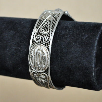 Vintage Sterling Filigree Hinged Bangle with Blue Stone - Art Deco - 925 Silver - Floral