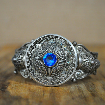 Vintage Sterling Filigree Hinged Bangle with Blue Stone - Art Deco - 925 Silver - Floral