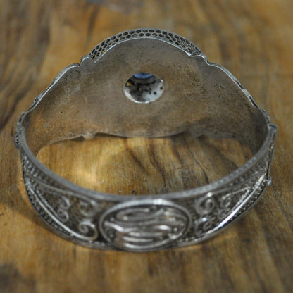 Vintage Sterling Filigree Hinged Bangle with Blue Stone - Art Deco - 925 Silver - Floral