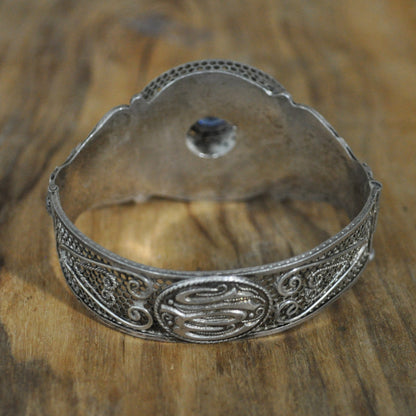 Vintage Sterling Filigree Hinged Bangle with Blue Stone - Art Deco - 925 Silver - Floral