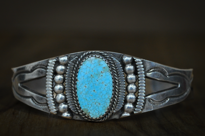 Navajo Hand-Stamped Sterling Silver & Turquoise Cuff Bracelet - Handcrafted Navajo Sterling Silver Cuff with Oval Kingman Turquoise