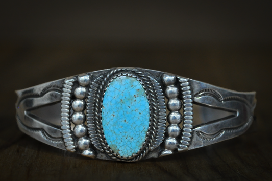 Navajo Hand-Stamped Sterling Silver & Turquoise Cuff Bracelet - Handcrafted Navajo Sterling Silver Cuff with Oval Kingman Turquoise
