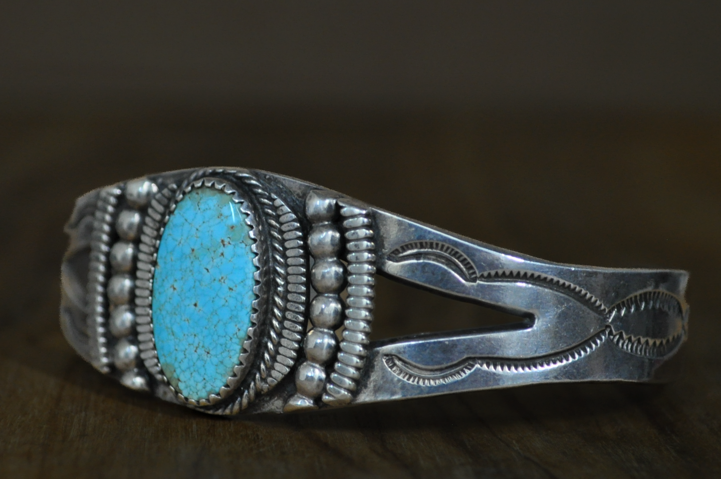 Navajo Hand-Stamped Sterling Silver & Turquoise Cuff Bracelet - Handcrafted Navajo Sterling Silver Cuff with Oval Kingman Turquoise