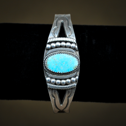 Navajo Hand-Stamped Sterling Silver & Turquoise Cuff Bracelet - Handcrafted Navajo Sterling Silver Cuff with Oval Kingman Turquoise