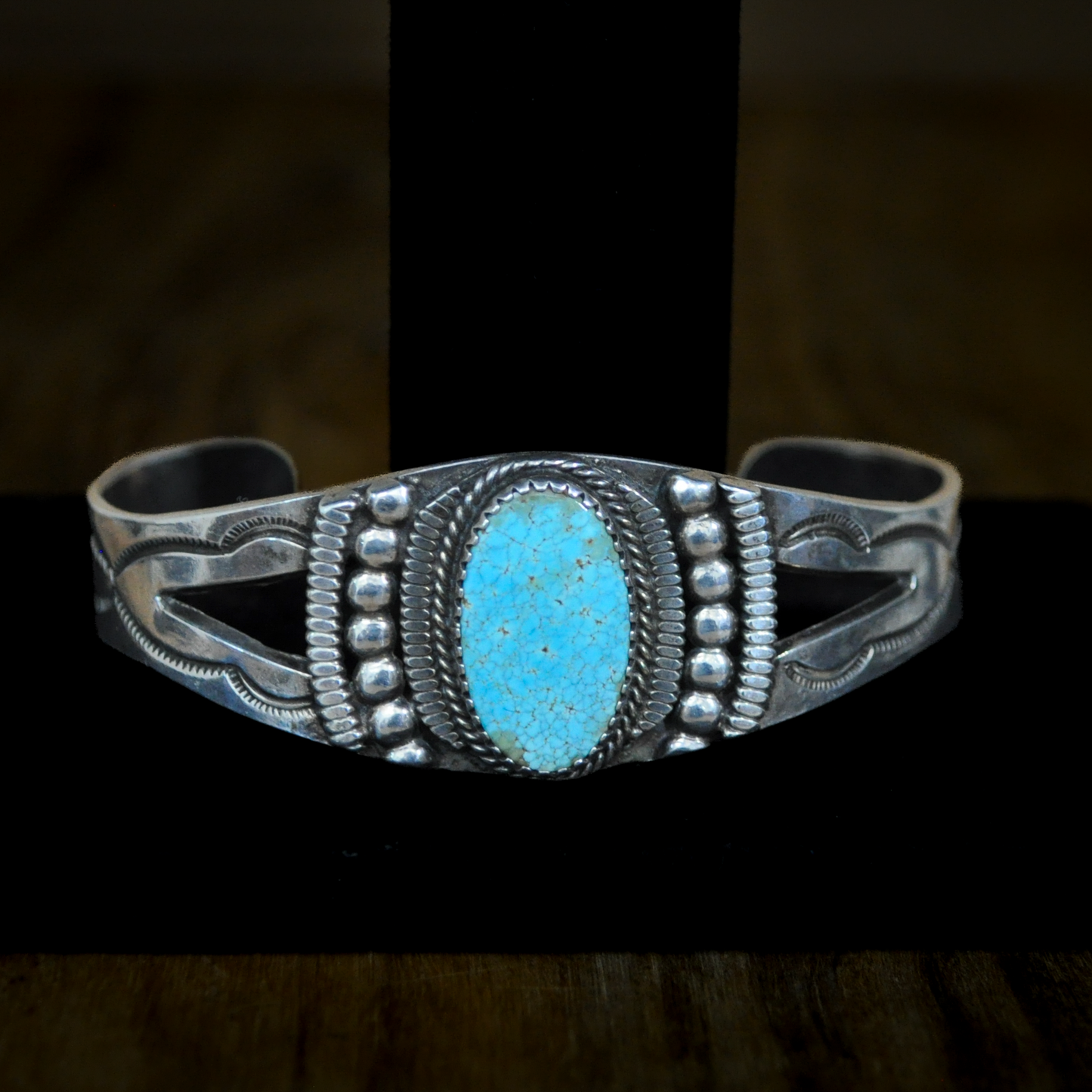 Navajo Hand-Stamped Sterling Silver & Turquoise Cuff Bracelet - Handcrafted Navajo Sterling Silver Cuff with Oval Kingman Turquoise