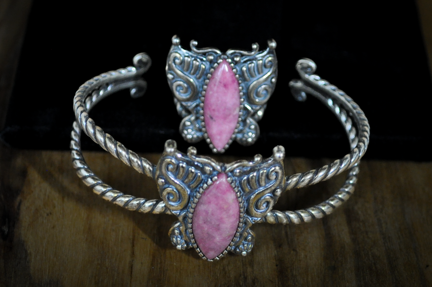 Carolyn Pollack American West Sterling Silver Pink Rhodonite Butterfly Ring & Cuff Bracelet Set - 2 Piece Set Sterling Silver Rhodonite Pink Butterfly Ring and Bracelet