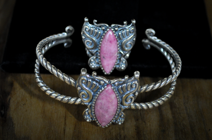 Carolyn Pollack American West Sterling Silver Pink Rhodonite Butterfly Ring & Cuff Bracelet Set - 2 Piece Set Sterling Silver Rhodonite Pink Butterfly Ring and Bracelet