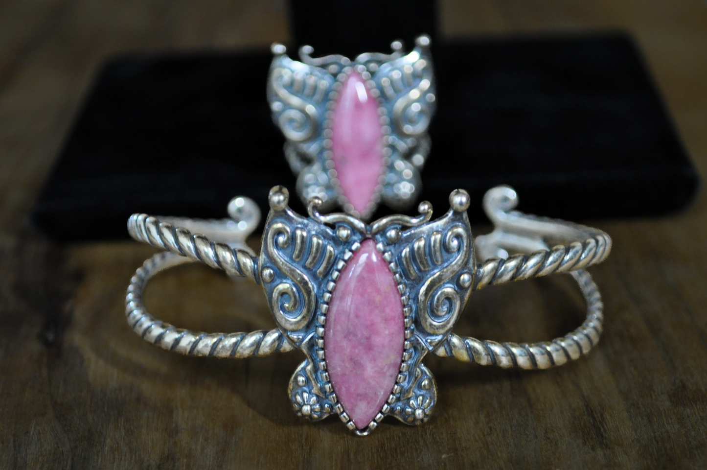Carolyn Pollack American West Sterling Silver Pink Rhodonite Butterfly Ring & Cuff Bracelet Set - 2 Piece Set Sterling Silver Rhodonite Pink Butterfly Ring and Bracelet
