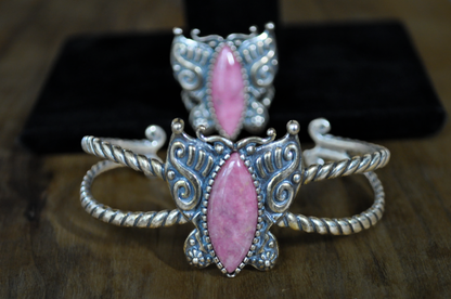 Carolyn Pollack American West Sterling Silver Pink Rhodonite Butterfly Ring & Cuff Bracelet Set - 2 Piece Set Sterling Silver Rhodonite Pink Butterfly Ring and Bracelet