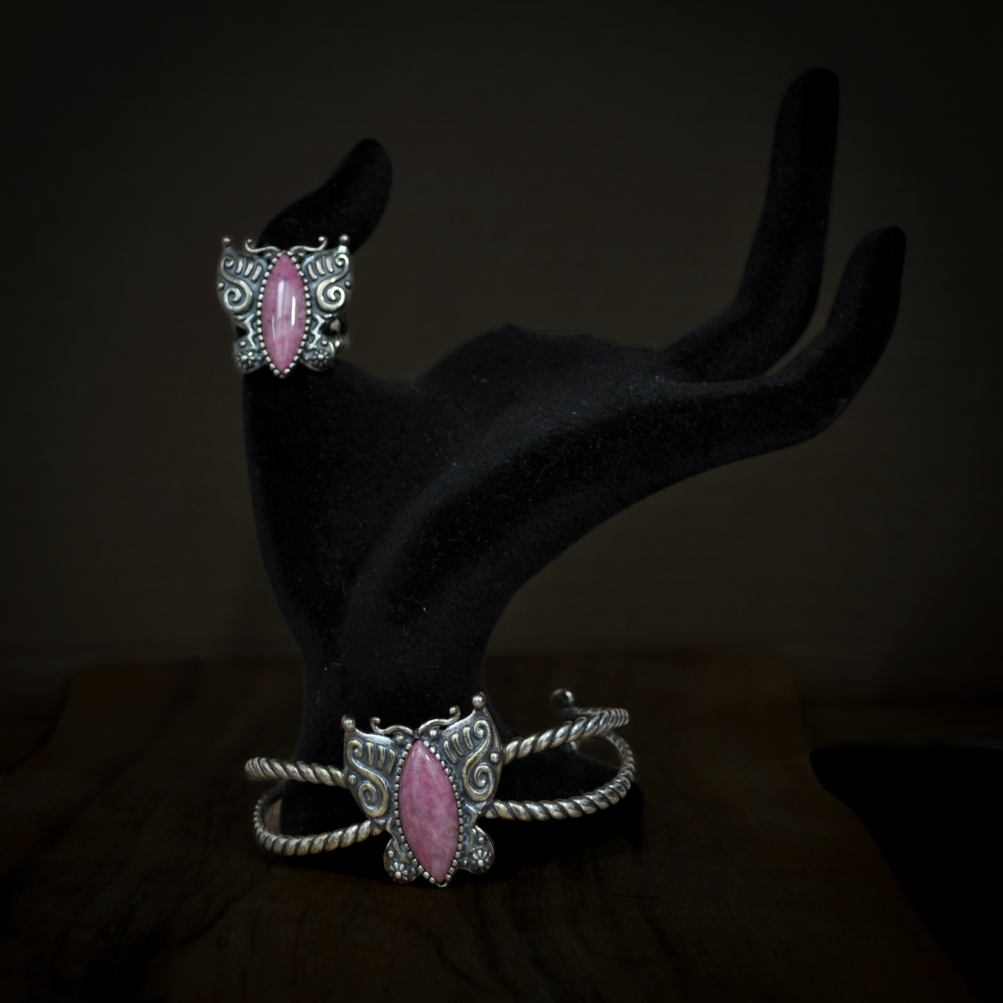 Carolyn Pollack American West Sterling Silver Pink Rhodonite Butterfly Ring & Cuff Bracelet Set - 2 Piece Set Sterling Silver Rhodonite Pink Butterfly Ring and Bracelet