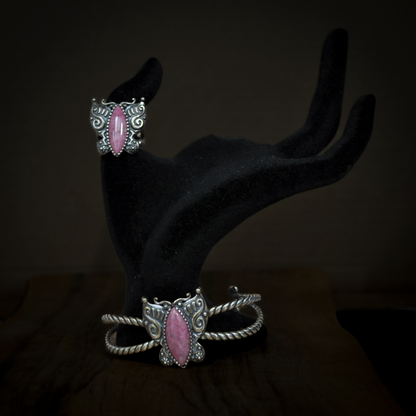 Carolyn Pollack American West Sterling Silver Pink Rhodonite Butterfly Ring & Cuff Bracelet Set - 2 Piece Set Sterling Silver Rhodonite Pink Butterfly Ring and Bracelet