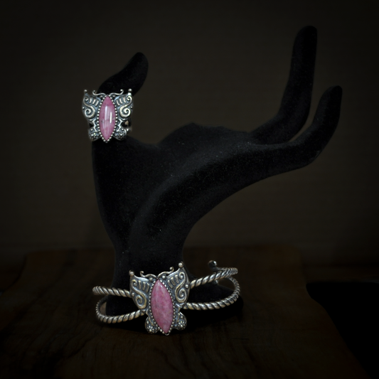 Carolyn Pollack American West Sterling Silver Pink Rhodonite Butterfly Ring & Cuff Bracelet Set - 2 Piece Set Sterling Silver Rhodonite Pink Butterfly Ring and Bracelet