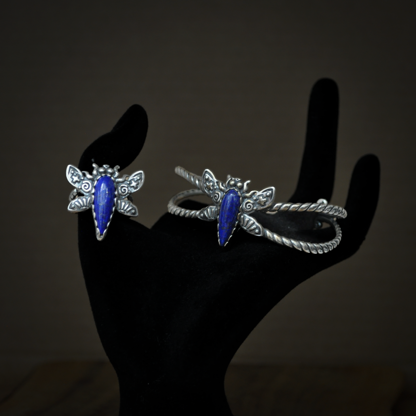 Carolyn Pollack American West Sterling Silver Blue Lapis Lazuli Dragonfly Ring &Cuff Bracelet Set - 2 Piece Set Sterling Silver Blue Lapis Gemstone Dragonfly Ring and Bracelet
