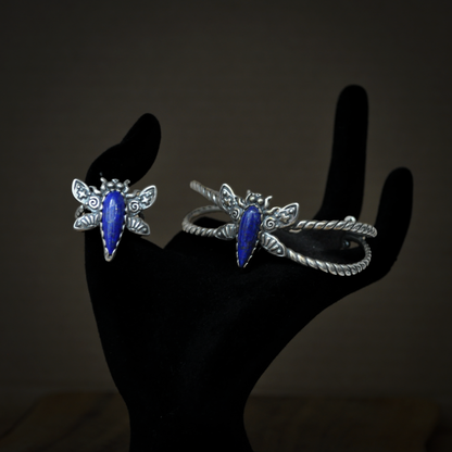 Carolyn Pollack American West Sterling Silver Blue Lapis Lazuli Dragonfly Ring &Cuff Bracelet Set - 2 Piece Set Sterling Silver Blue Lapis Gemstone Dragonfly Ring and Bracelet