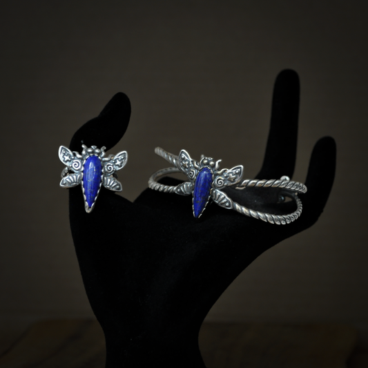 Carolyn Pollack American West Sterling Silver Blue Lapis Lazuli Dragonfly Ring &Cuff Bracelet Set - 2 Piece Set Sterling Silver Blue Lapis Gemstone Dragonfly Ring and Bracelet