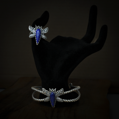 Carolyn Pollack American West Sterling Silver Blue Lapis Lazuli Dragonfly Ring &Cuff Bracelet Set - 2 Piece Set Sterling Silver Blue Lapis Gemstone Dragonfly Ring and Bracelet