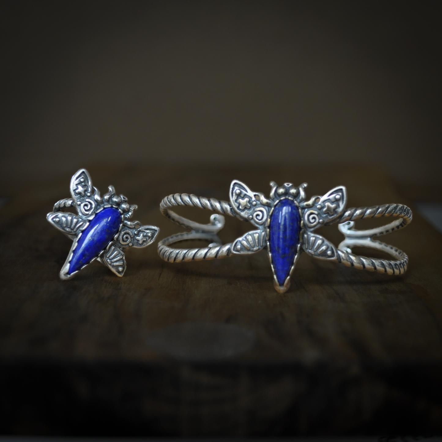 Carolyn Pollack American West Sterling Silver Blue Lapis Lazuli Dragonfly Ring &Cuff Bracelet Set - 2 Piece Set Sterling Silver Blue Lapis Gemstone Dragonfly Ring and Bracelet