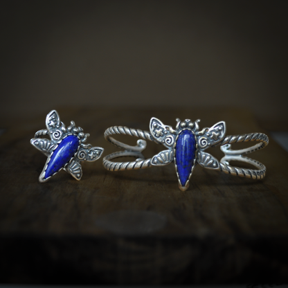 Carolyn Pollack American West Sterling Silver Blue Lapis Lazuli Dragonfly Ring &Cuff Bracelet Set - 2 Piece Set Sterling Silver Blue Lapis Gemstone Dragonfly Ring and Bracelet