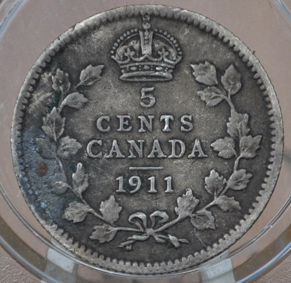 1911 Canadian Silver 5 Cent Coin - F (Fine) Condition - King George - Canada 5 Cent Sterling Silver 1911 Canada