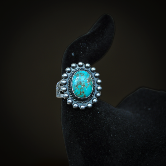Navajo Sterling Silver Oval Turquoise Statement Ring - Traditional Southwestern Hand-Stamped Turquoise Ring with Beaded Border