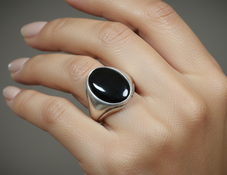 Genuine Oval Black Onyx Gemstone Sterling Silver Ring Size 9 - Antique Sterling Silver Black Onyx Gemstone Statement Ring Size 9