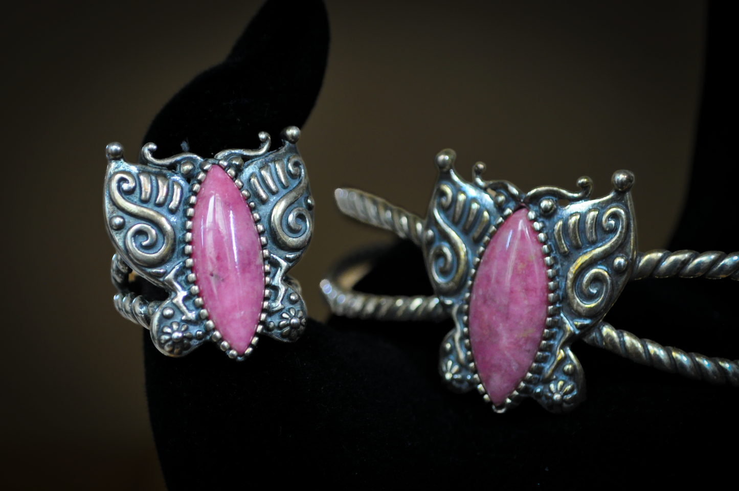 Carolyn Pollack American West Sterling Silver Pink Rhodonite Butterfly Ring & Cuff Bracelet Set - 2 Piece Set Sterling Silver Rhodonite Pink Butterfly Ring and Bracelet