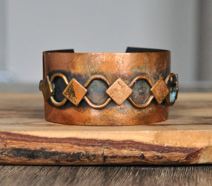 Beautiful Genuine Copper Geometric Design Wide Cuff Bracelet - 1.5" Wide, 7" Length - Authentic Copper - Vintage Copper Designed Cuff Bracelet