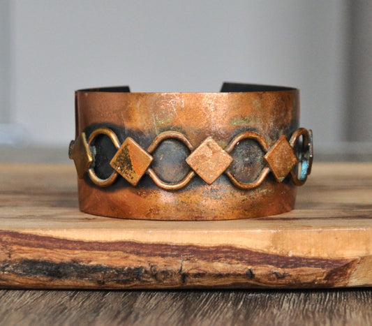 Beautiful Genuine Copper Geometric Design Wide Cuff Bracelet - 1.5" Wide, 7" Length - Authentic Copper - Vintage Copper Designed Cuff Bracelet