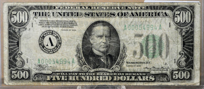 1934 500 Dollar Federal Reserve Note - Dark Green Seal (DGS) - Boston (A) Issue - Very Fine (VF) - 1934 Five Hundred Dollar Note - Fr#2201-A