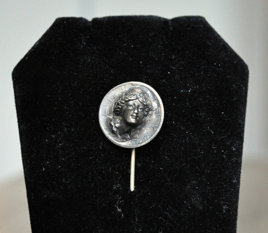 Stunning 1916 Mercury Dime 3D Repousse Face Stick Pin - Punched Out Liberty Face 1916 Mercury Dime - Unique Mercury Dime Liberty Face Hat Stick Pin