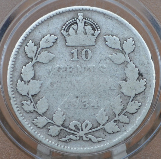 1934 Canadian Silver 10 Cent Coin - G (Good) Condition - Low Mintage Date - Canada 10 Cent Sterling Silver 1934 Canada