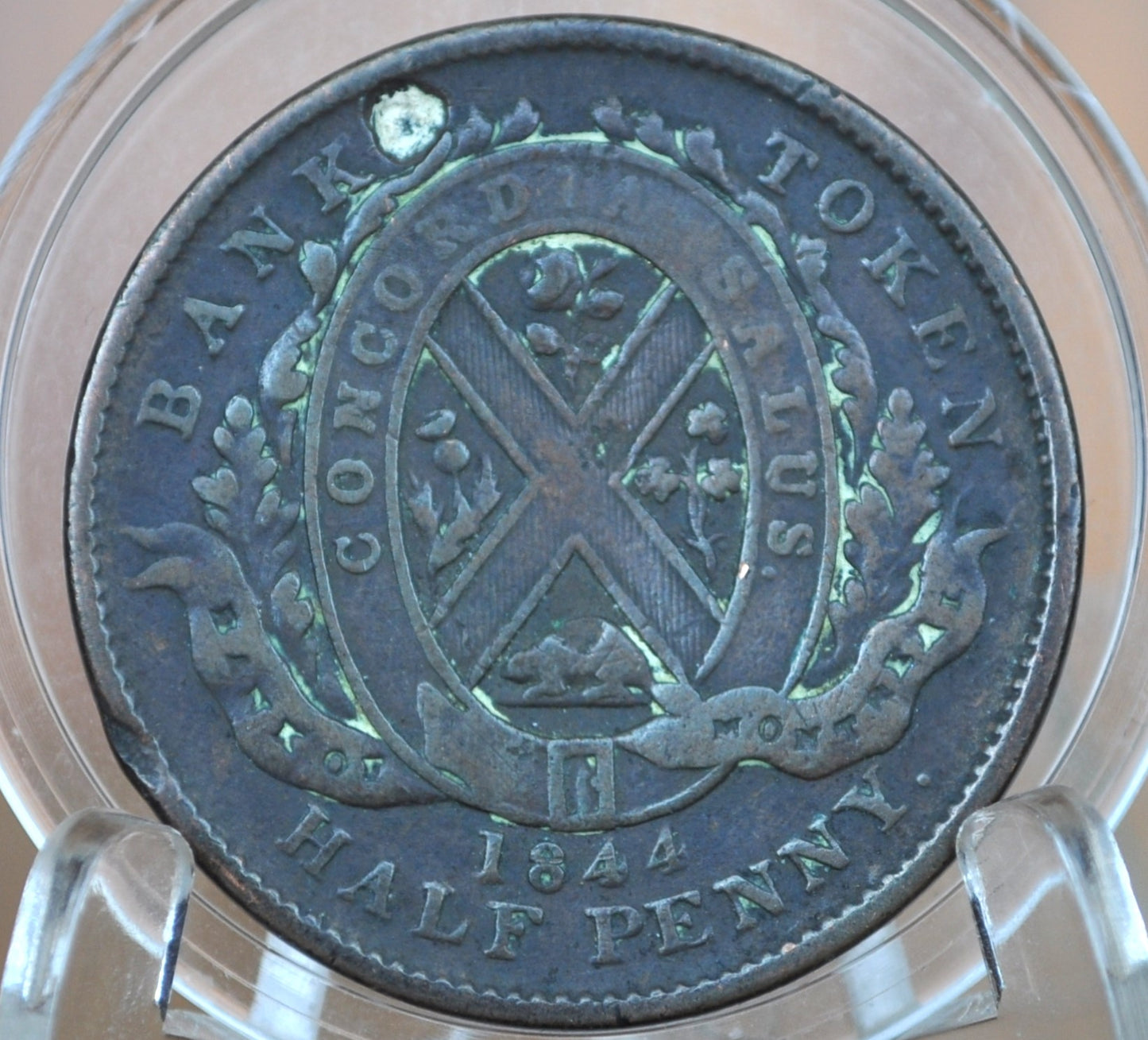 1844 Bank Token Half Penny Lower Canada - Good Detail, Damaged - 1/2 Penny Bank Token 1844 Bank of Montreal Canadian Bank Token