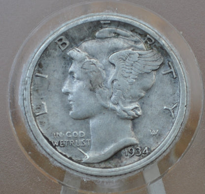 1934-D Mercury Dime - AU Detail, Slightly Off-Center - Denver Mint - Winged Liberty Head Dime 1934D - Silver Dime 1934 D