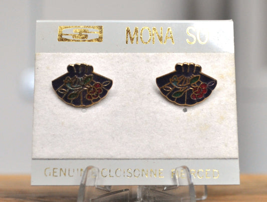 Vintage Mona So Genuine Cloisonne Asian Fan Earrings - Original Backing - Beautiful Genuine Cloisonne Stud Earrings!