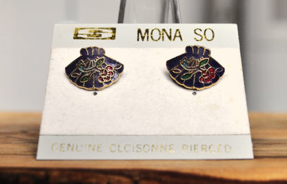 Vintage Mona So Genuine Cloisonne Asian Fan Earrings - Original Backing - Beautiful Genuine Cloisonne Stud Earrings!