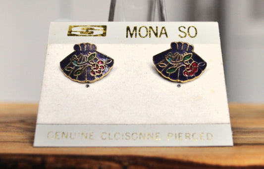 Vintage Mona So Genuine Cloisonne Asian Fan Earrings - Original Backing - Beautiful Genuine Cloisonne Stud Earrings!