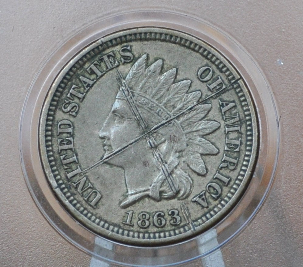 1863 Indian Head Penny - XF Detail, Large Scratches - Early Date - Civil War Era Cent - 1863 Indian Cent