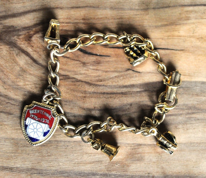 1976 American Bicentennial Gold Tone Charm Bracelet - Patriotic American Bracelet - 7.5" Length - Vintage 1776 Bicentennial Charm Bracelet