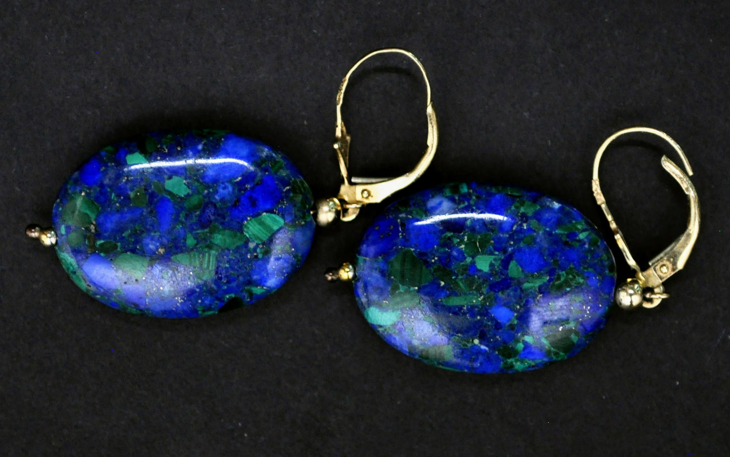 Rare Israeli Eilat Stone 14K Gold Drop Earrings - Malachite and Azurite Eilat Stone - Hebrew Isreal 14K Gold Dangle Eilat Earrings